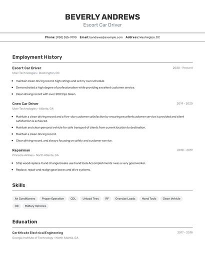 Escort Car Driver Resume