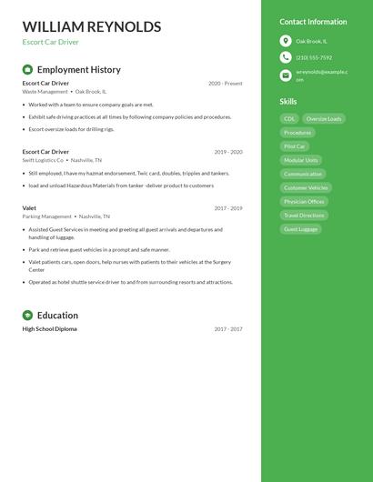 Escort Car Driver Resume
