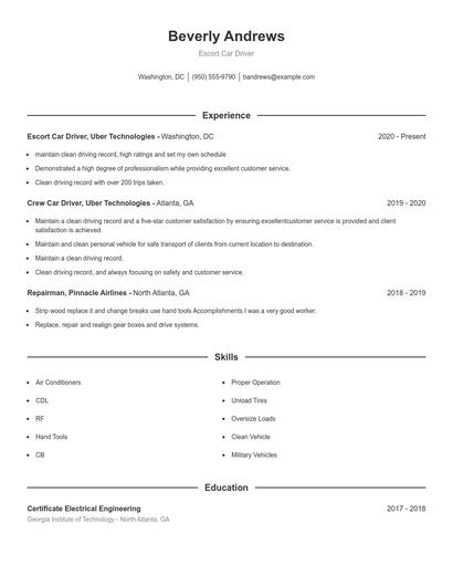 Escort Car Driver Resume