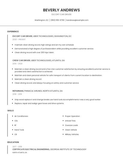 Escort Car Driver Resume