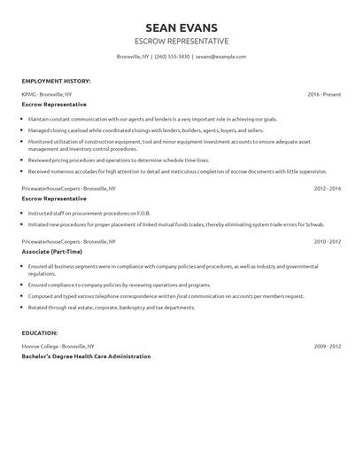 Escrow Representative Resume
