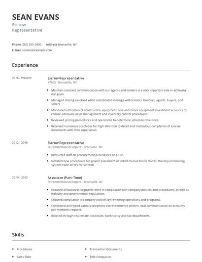 Escrow Representative Resume