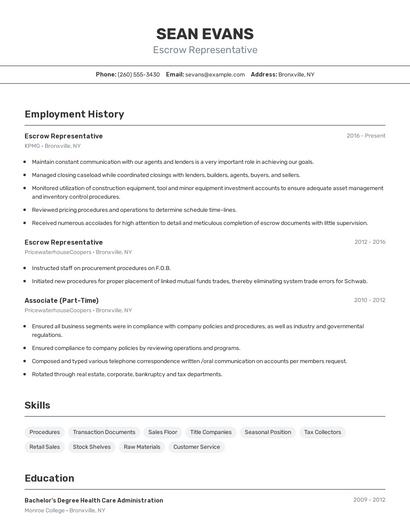 Escrow Representative Resume