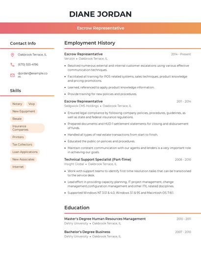 Escrow Representative Resume