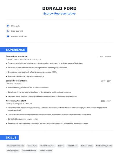Escrow Representative Resume