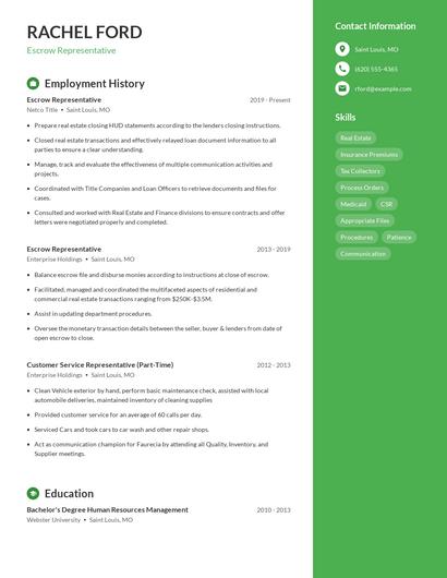 Escrow Representative Resume