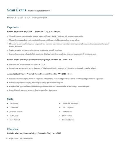 Escrow Representative Resume