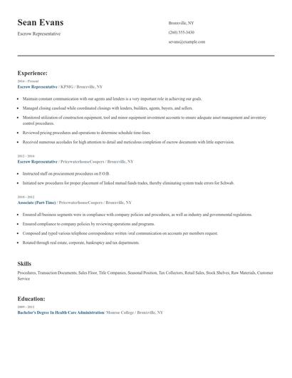 Escrow Representative Resume