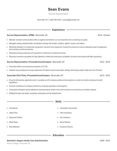Escrow Representative Resume