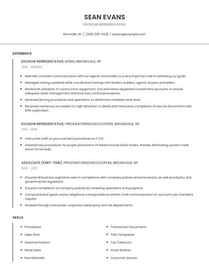 Escrow Representative Resume