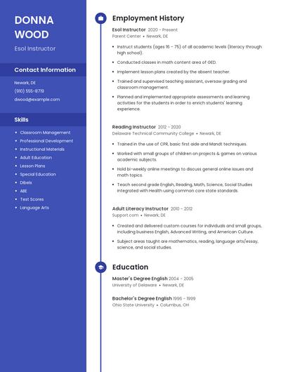 Esol Instructor Resume