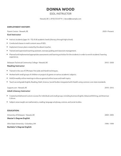 Esol Instructor Resume