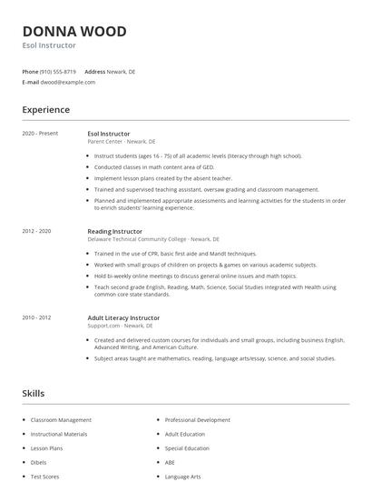 Esol Instructor Resume