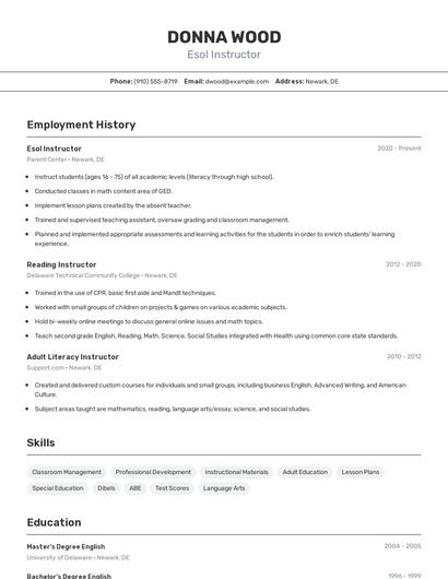 Esol Instructor Resume