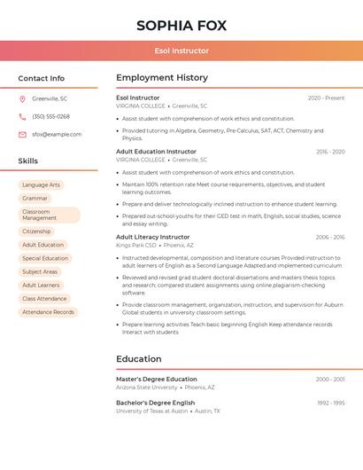 Esol Instructor Resume