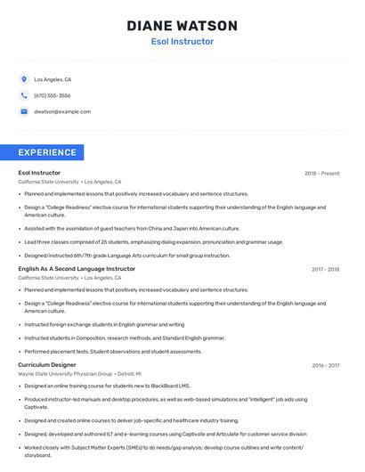 Esol Instructor Resume