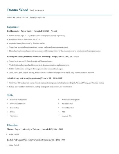 Esol Instructor Resume