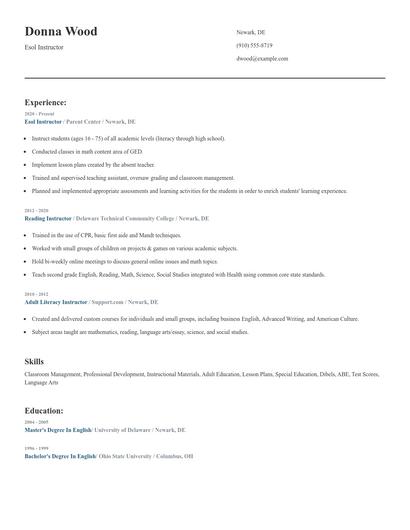 Esol Instructor Resume
