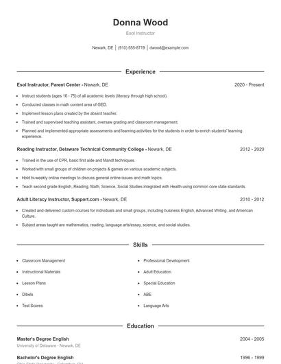 Esol Instructor Resume