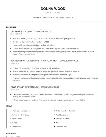 Esol Instructor Resume