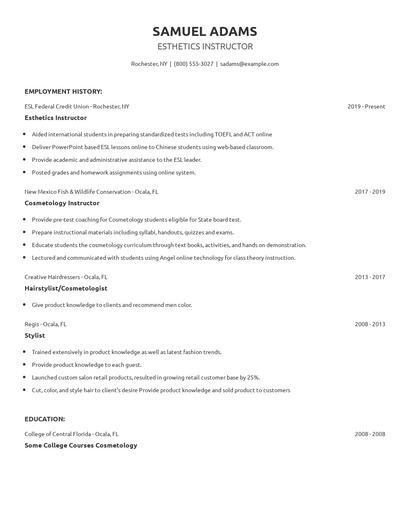 Esthetics Instructor Resume