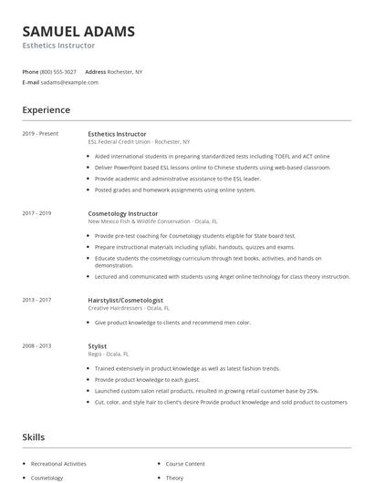 Esthetics Instructor Resume