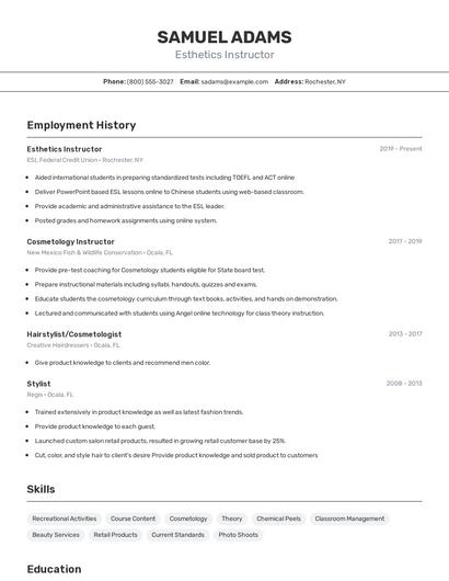 Esthetics Instructor Resume
