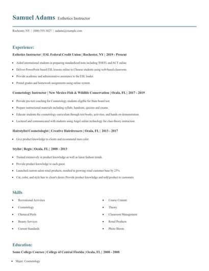 Esthetics Instructor Resume