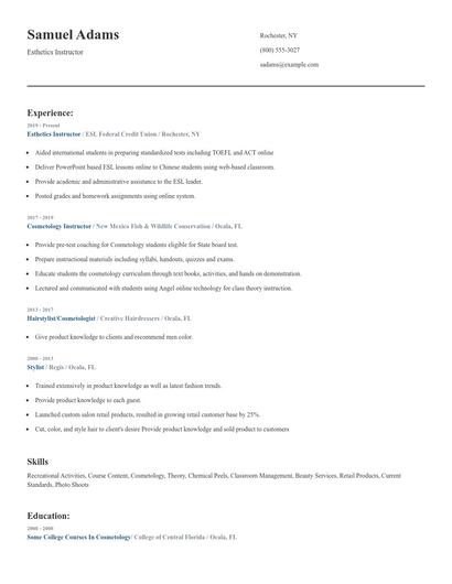 Esthetics Instructor Resume