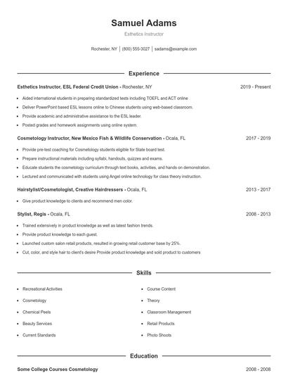 Esthetics Instructor Resume