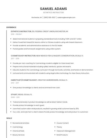Esthetics Instructor Resume