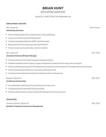 Estimating Assistant Resume