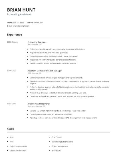 Estimating Assistant Resume