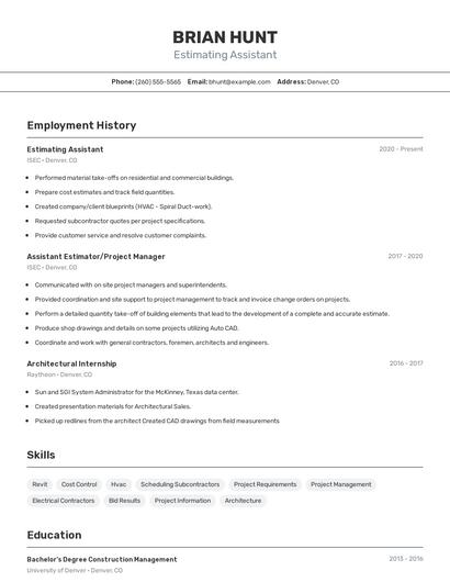 Estimating Assistant Resume