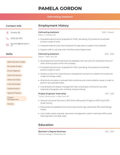 Estimating Assistant Resume