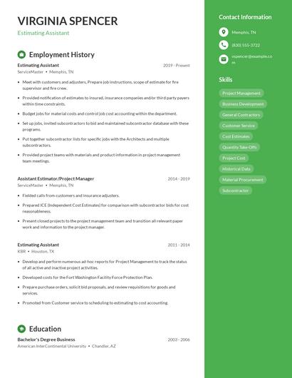 Estimating Assistant Resume