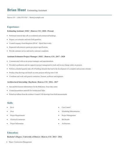 Estimating Assistant Resume