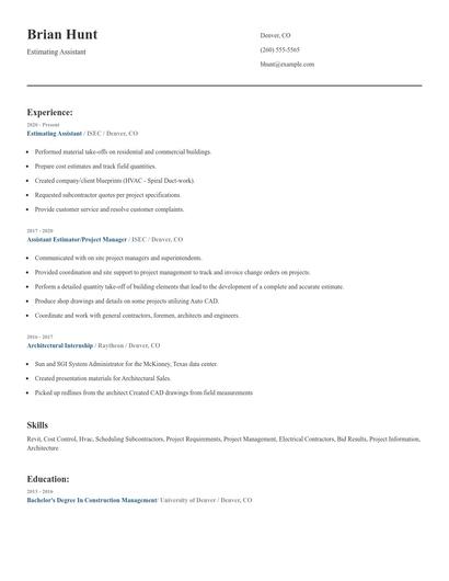 Estimating Assistant Resume
