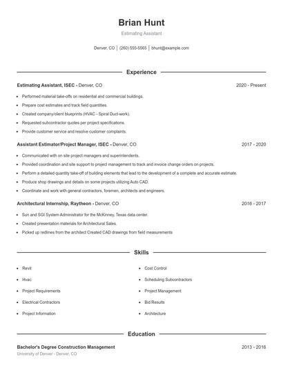 Estimating Assistant Resume