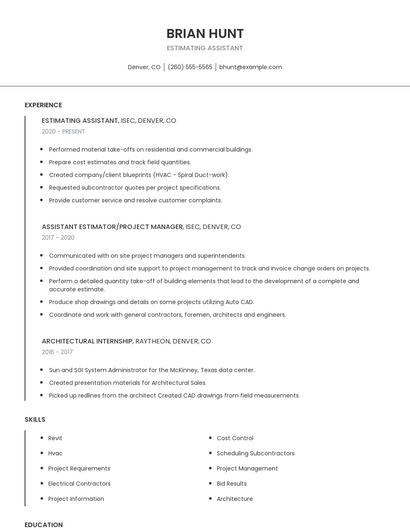 Estimating Assistant Resume