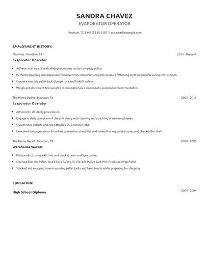 Evaporator Operator Resume