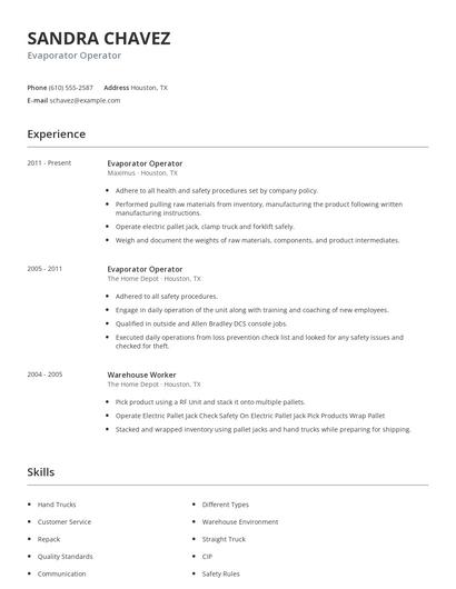 Evaporator Operator Resume