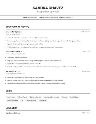 Evaporator Operator Resume
