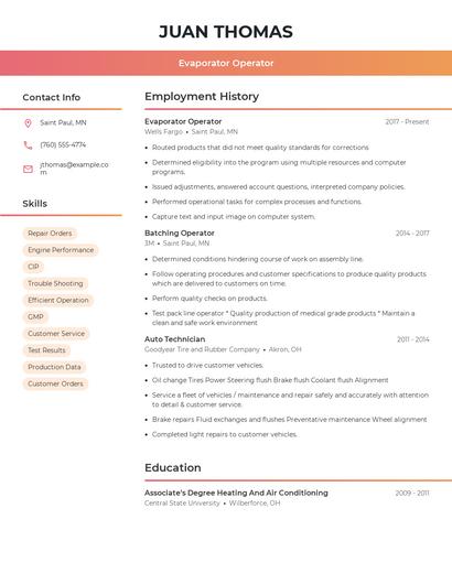 Evaporator Operator Resume