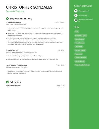 Evaporator Operator Resume