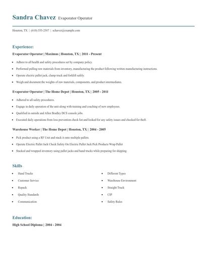 Evaporator Operator Resume