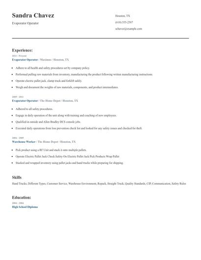 Evaporator Operator Resume