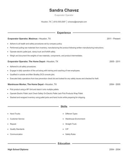 Evaporator Operator Resume