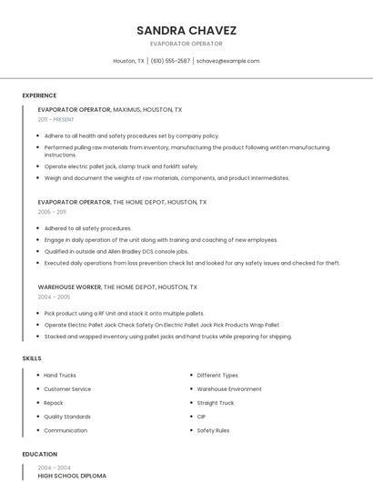 Evaporator Operator Resume