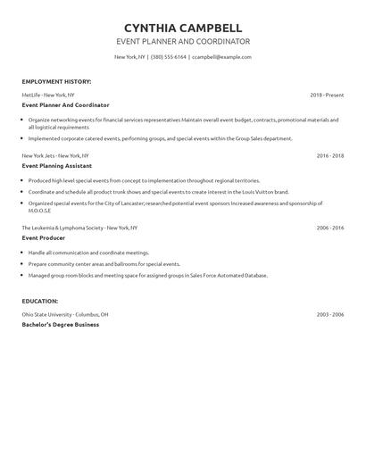 Event Planner And Coordinator Resume